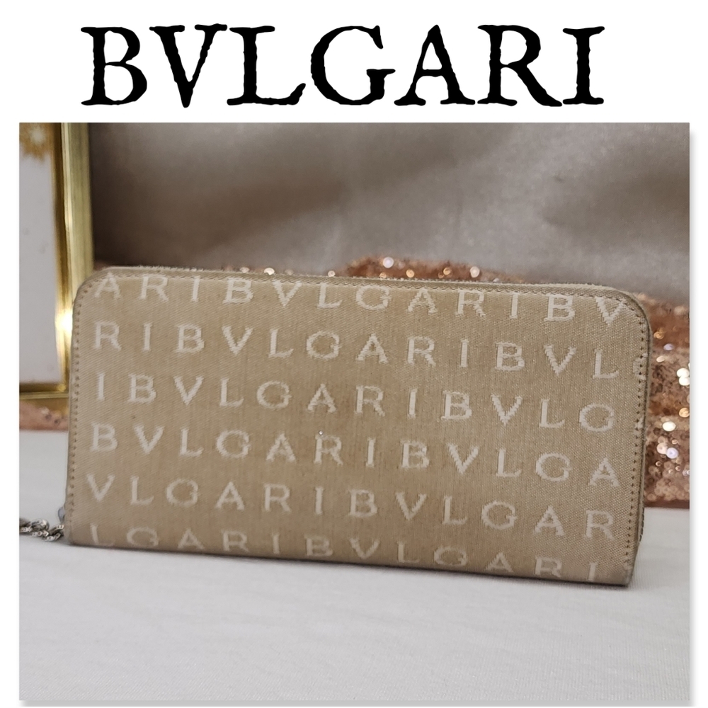 Authentic Bvlgari Beige Signature Canvas Zip Around Wallet